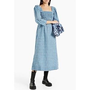 NWT Ganni Blue & White Plaid Shirred Seersucker Midi Dress sz 46